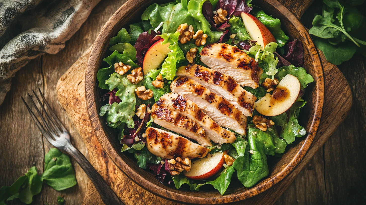 Fresh apple pear salad with grilled chicken, walnuts, and vinaigrette on a wooden table.