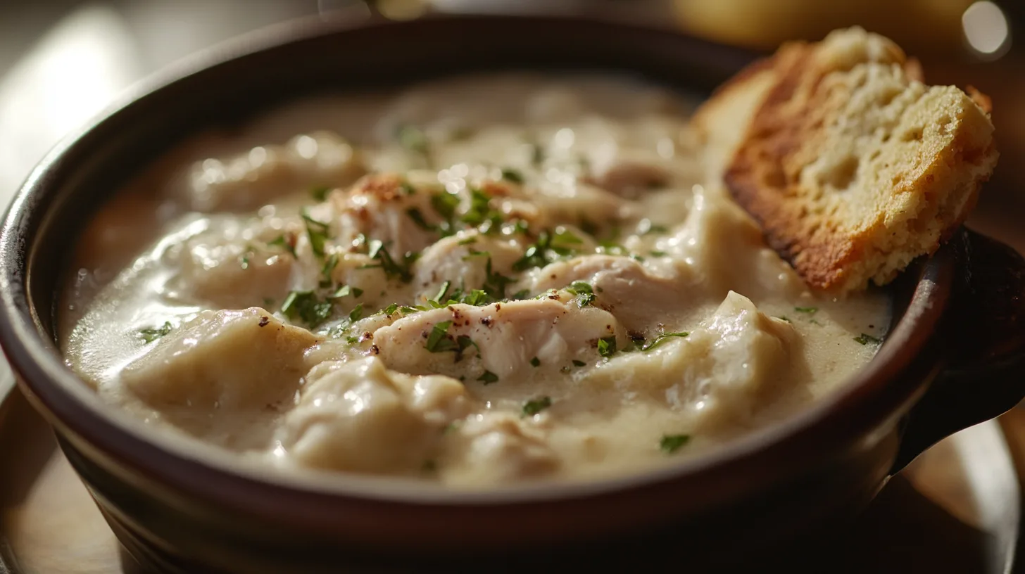 A hearty bowl of creamy chicken and dumplings garnished with fresh herbs, served with a slice of toasted bread.