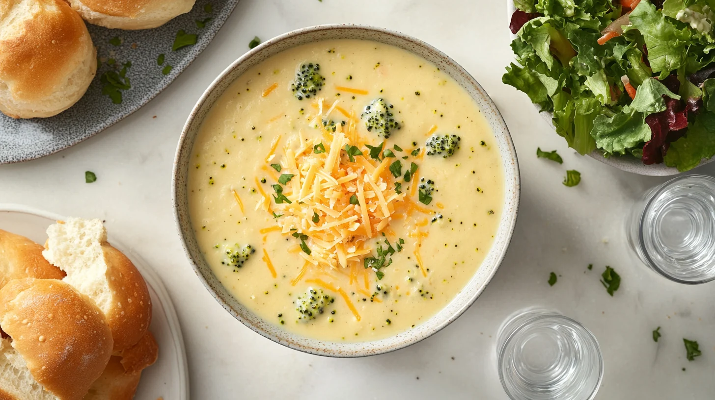 A bowl of broccoli cheese soup garnished with cheese and herbs, surrounded by rolls, salad, and sparkling water.