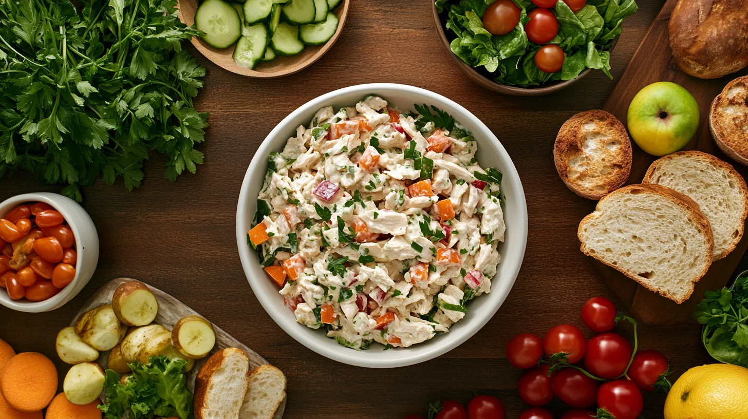 Overhead view of a chicken salad bowl surrounded by vibrant side dishes like vegetables, artisan bread, and fruits.