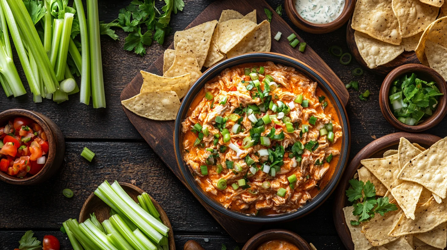 Buffalo chicken dip with celery, tortilla chips, and pita, garnished with green onions and ranch dressing