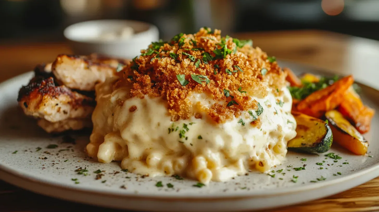 what to eat with mac and cheese? Creamy mac and cheese with golden crust and grilled chicken on the side.