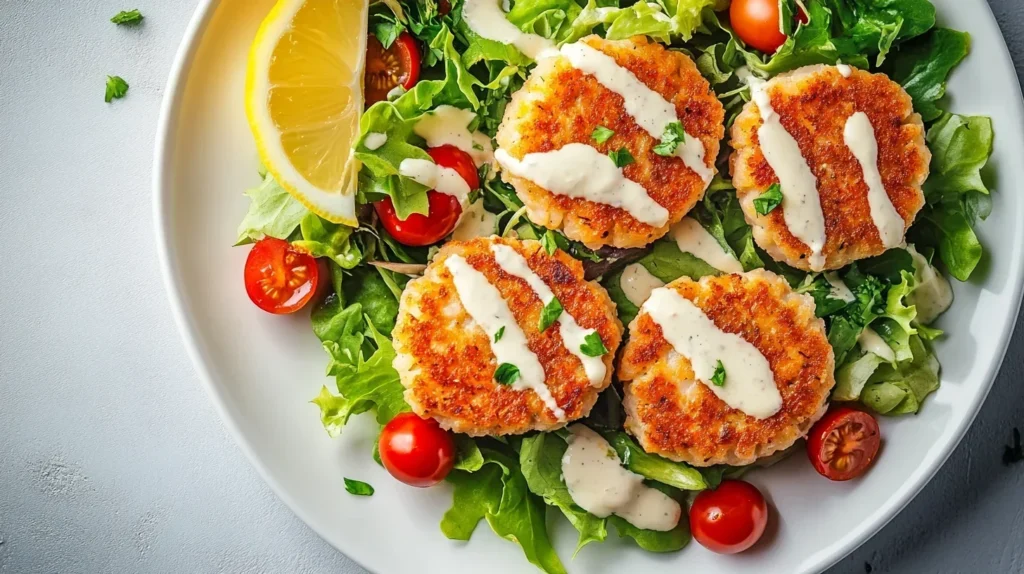 Crab cakes served with a fresh salad and remoulade sauce