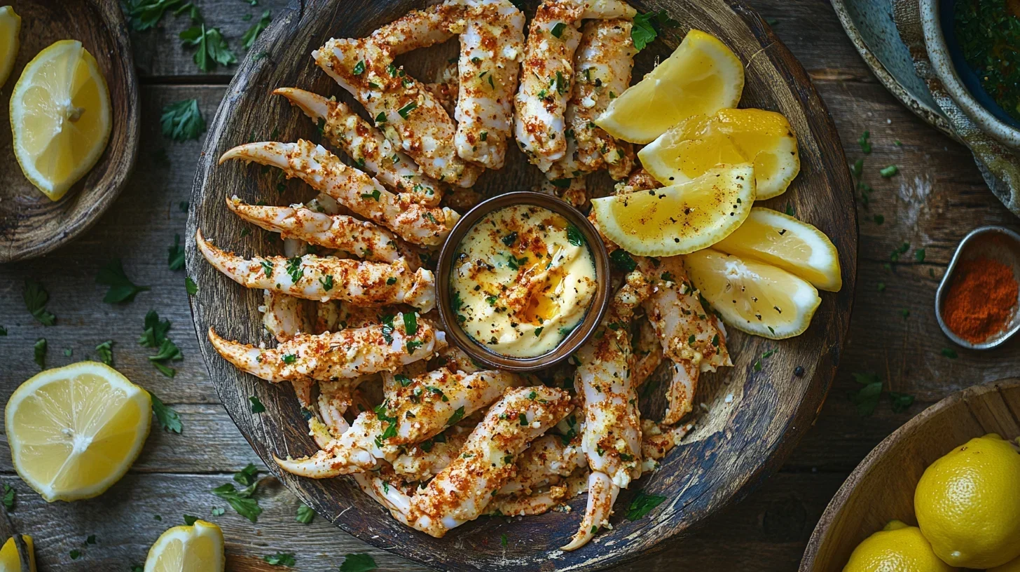 What to Serve with Crab Legs. Platter of crab legs with garlic herb butter sauce, lemon wedges, and a sprinkle of paprika for a delicious presentation.