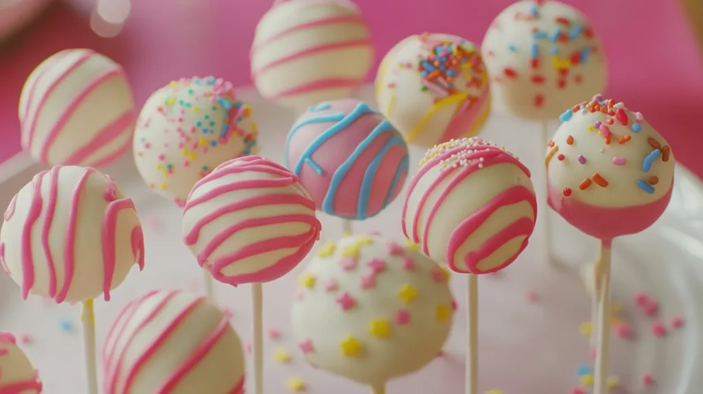 Decorated cake pops with colorful sprinkles and designs.
