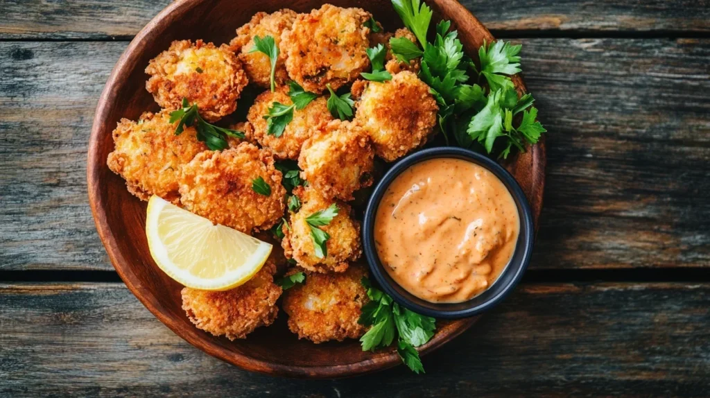 Crispy crab cakes with remoulade sauce and lemon garnish
