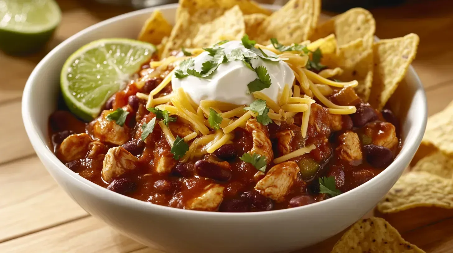 what to serve with chicken chili. Bowl of chicken chili topped with cheese, sour cream, and cilantro, served with tortilla chips and lime wedges.