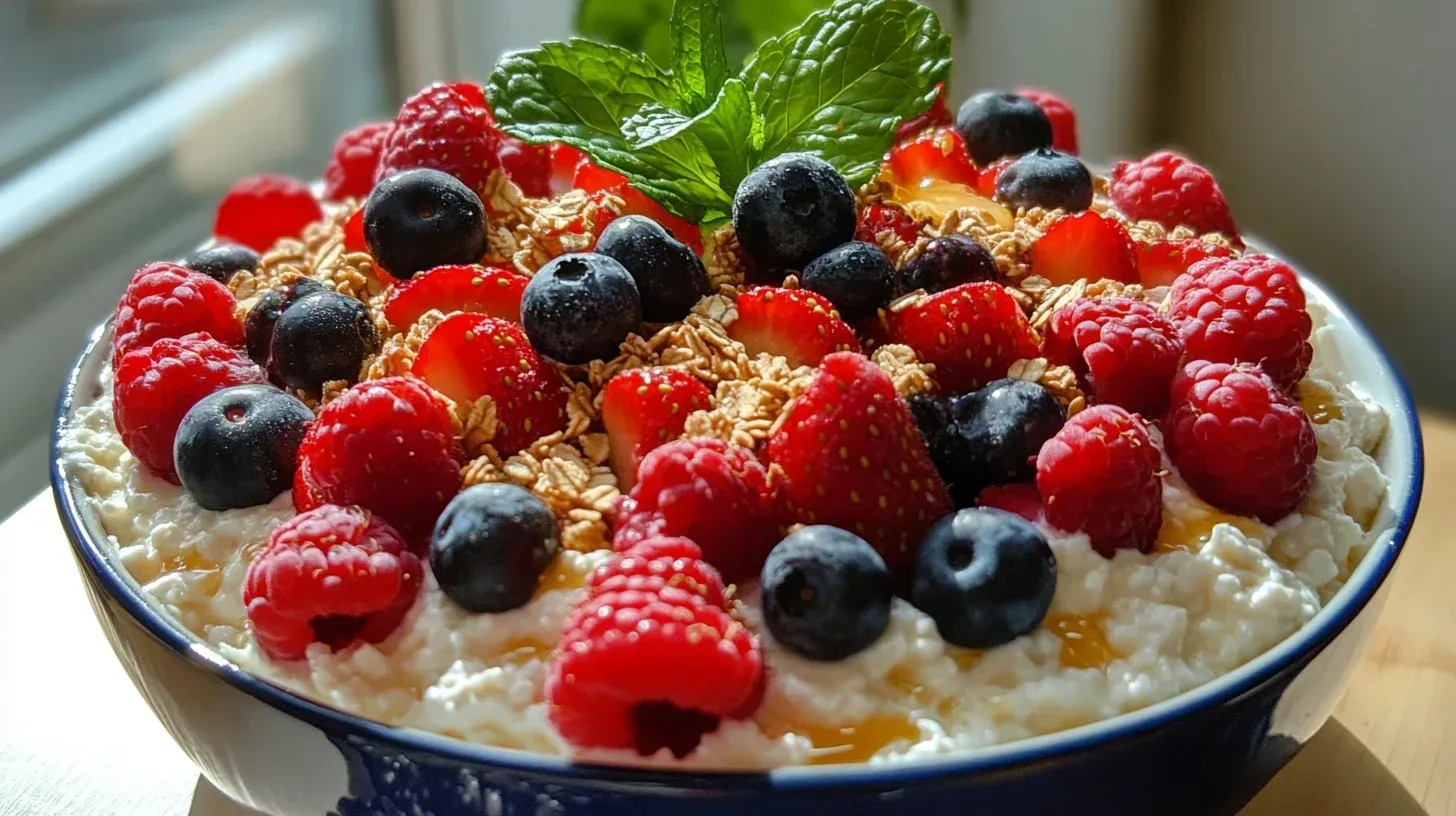 what to eat with cottage cheese? Cottage cheese topped with fresh berries, honey, and granola.