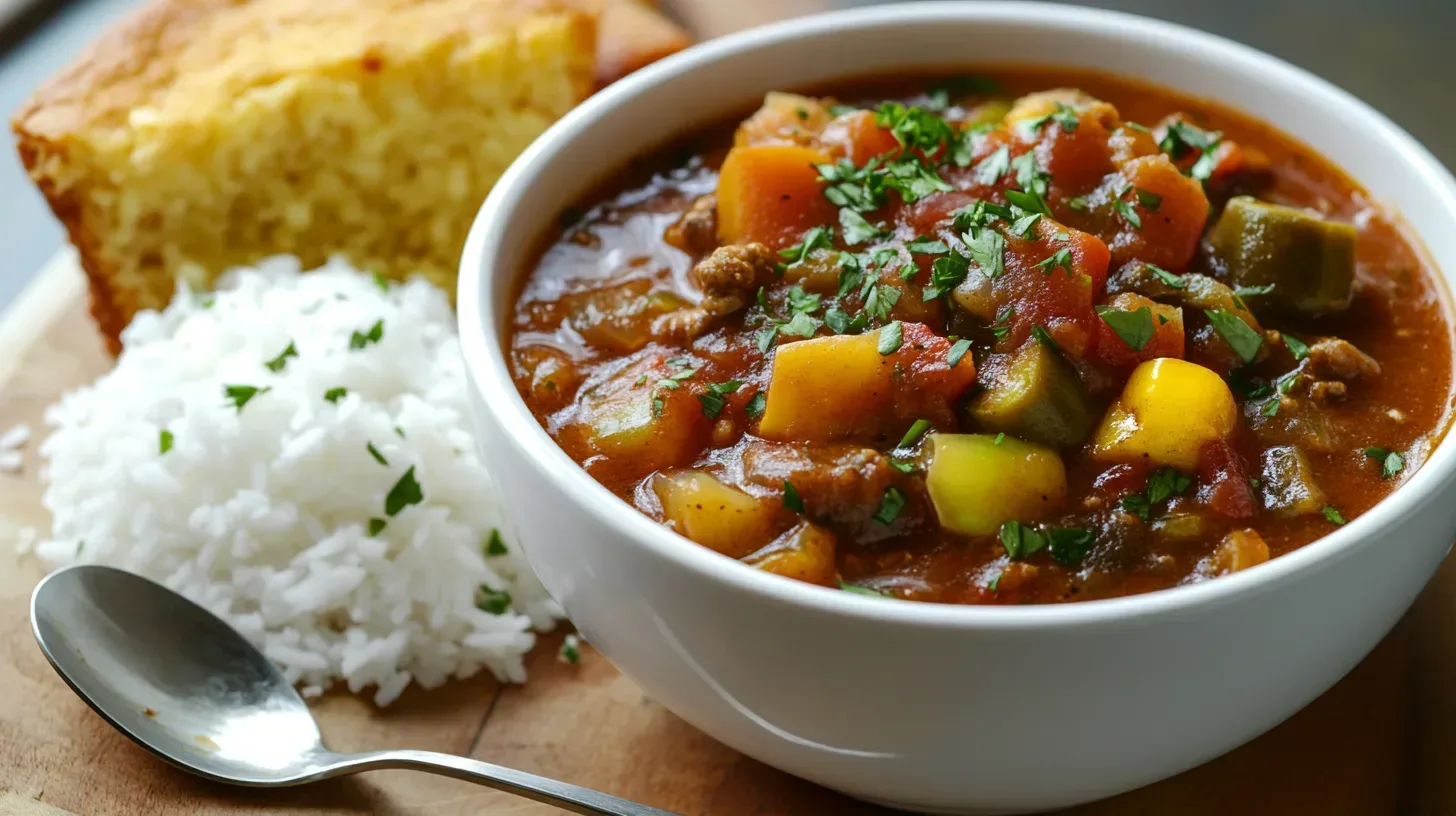 Gumbo served with rice, cornbread, and sautéed vegetables in a cozy kitchen setting.