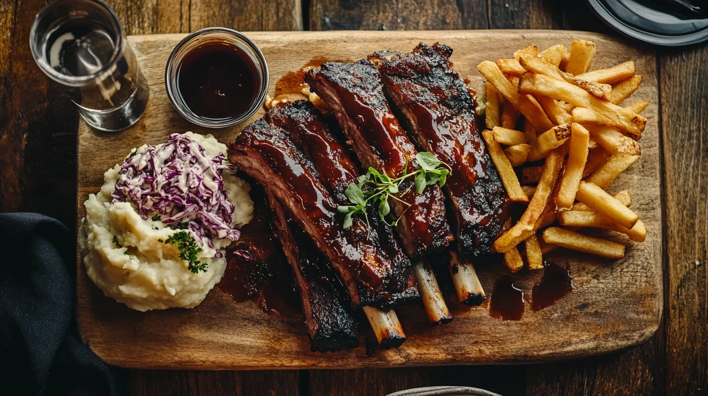 what to eat with ribs. Ribs with sides like fries, mashed potatoes, and coleslaw on a rustic wooden table.