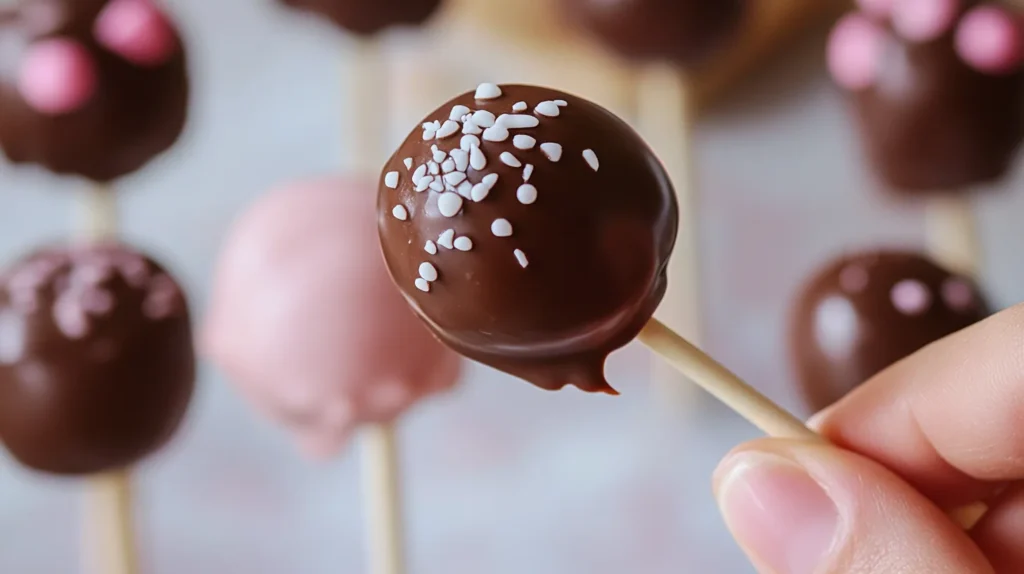 Dipping a cake pop into smooth melted chocolate for coating.