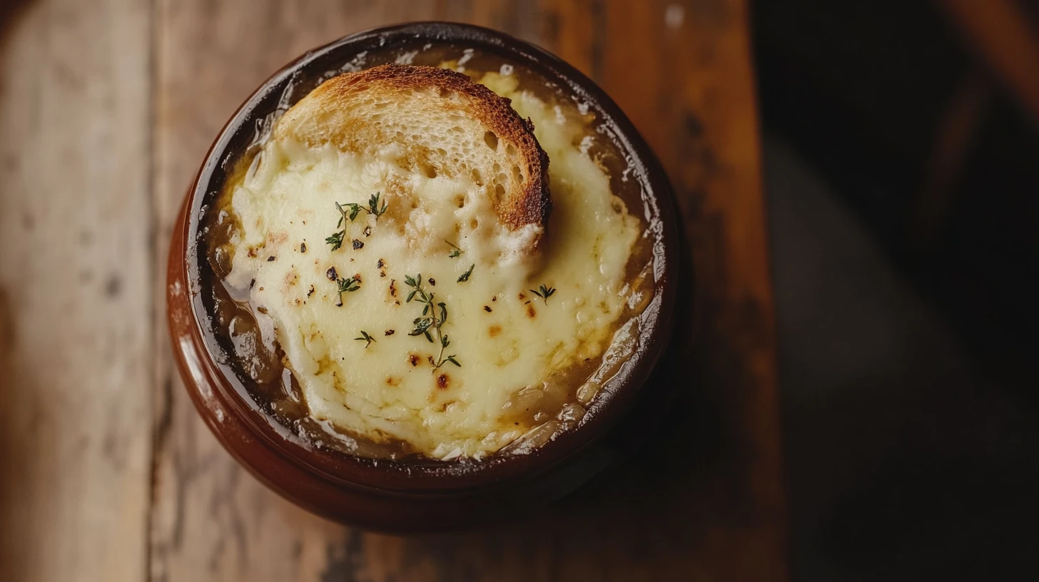 A bowl of French onion soup topped with melted cheese and served with a slice of crusty bread.