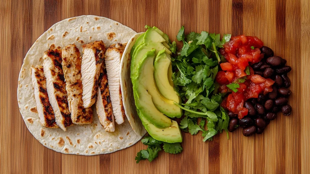 Fresh ingredients like grilled chicken, avocado, and beans laid out for a Mexican chicken wrap.