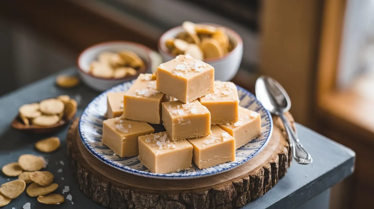 Golden butterscotch fudge squares sprinkled with flaky sea salt, styled on a rustic wooden board.