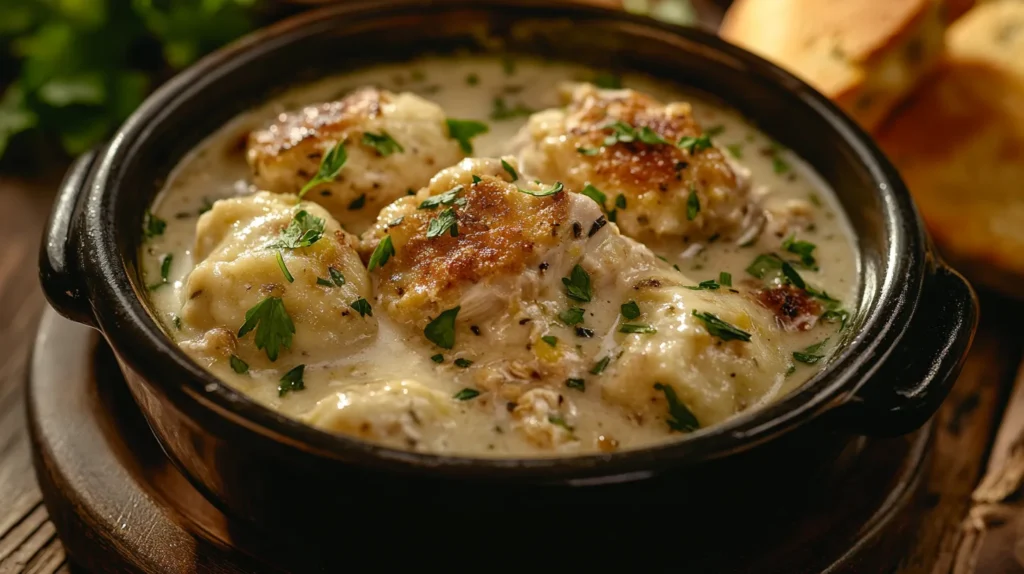 Close-up of a rustic bowl of golden-browned chicken and dumplings in creamy sauce, garnished with fresh parsley.