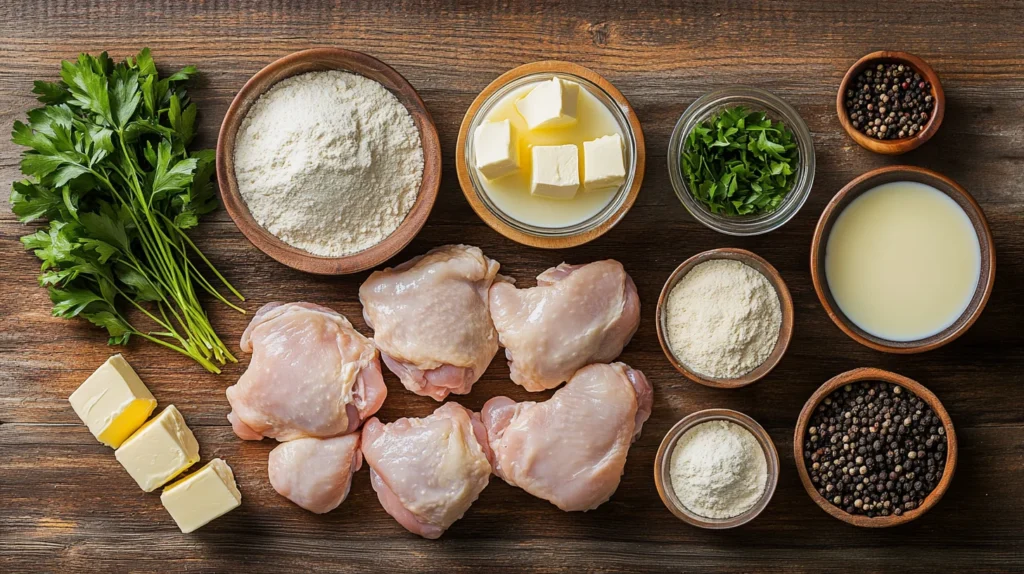 Flat lay of ingredients for Cracker Barrel chicken and dumplings, including chicken, flour, milk, butter, and parsley.