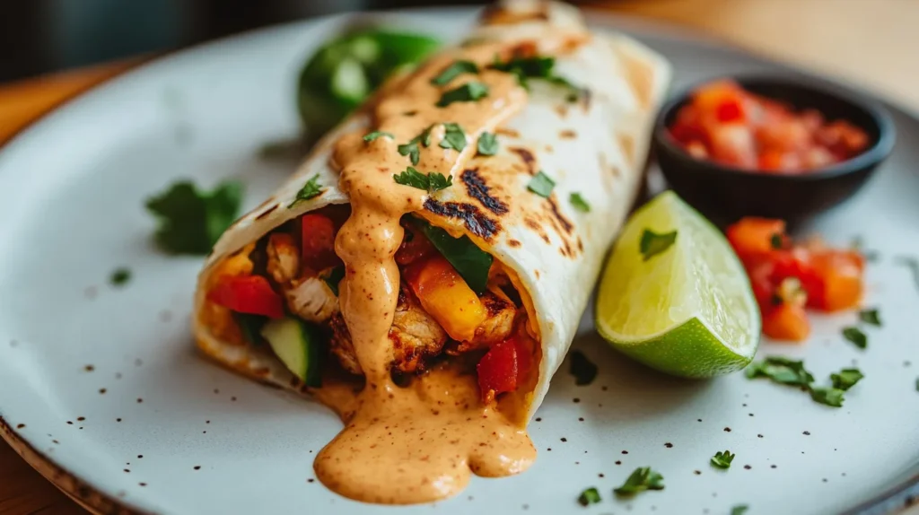 Mexican chicken wrap with chipotle sauce, served with lime wedges and salsa on the side.