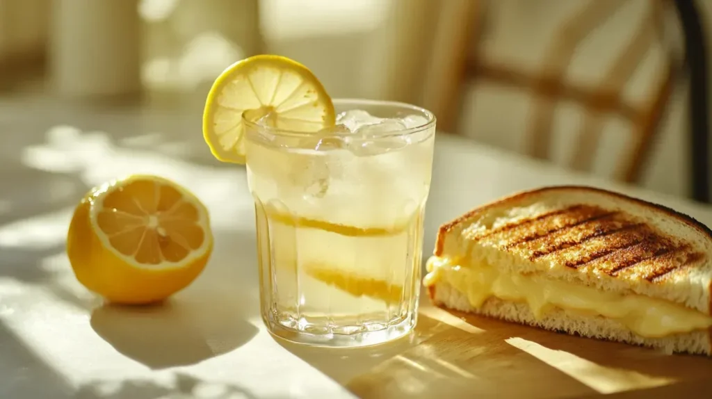 A refreshing glass of iced lemonade served with a grilled cheese sandwich.