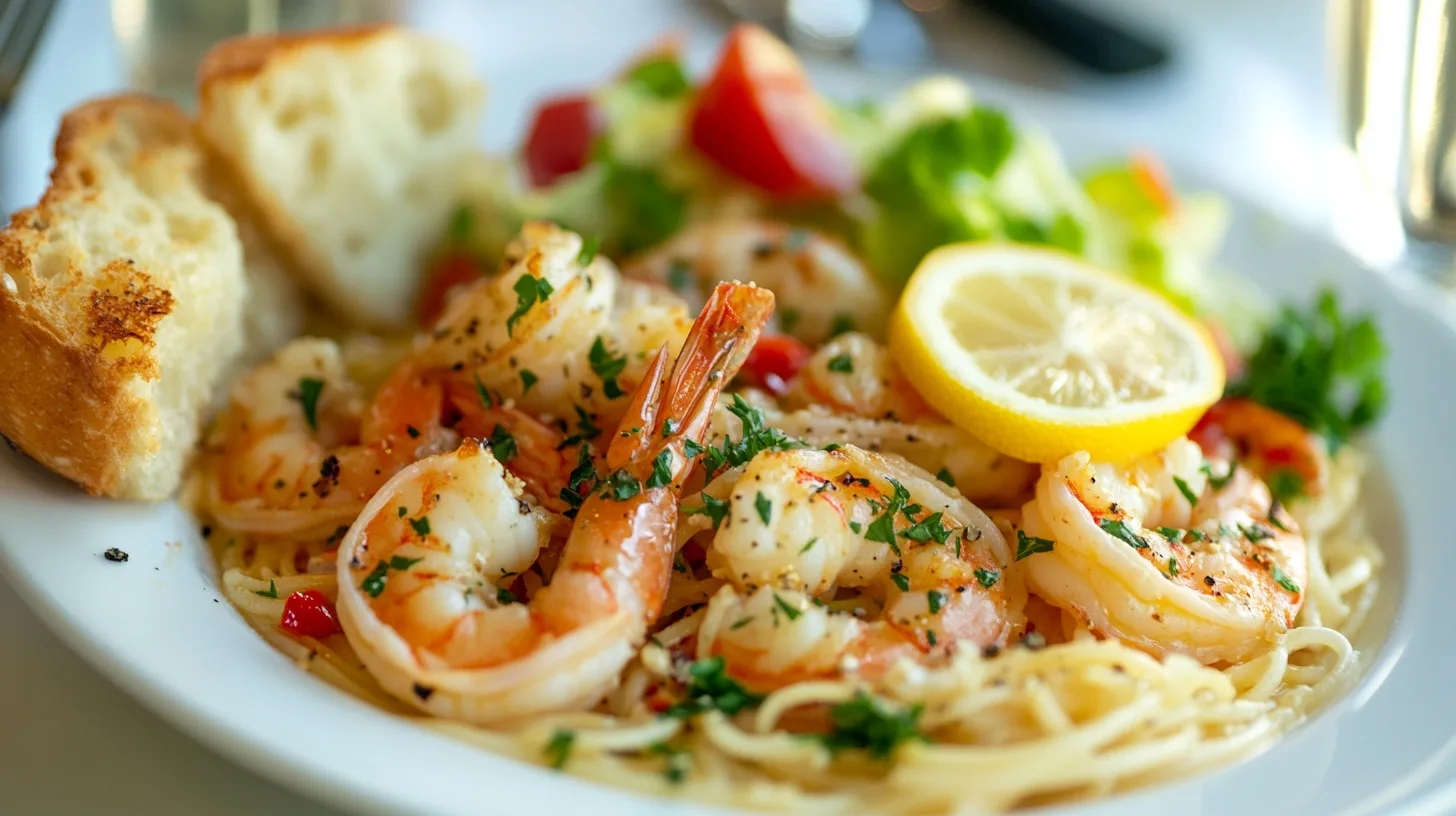 A plate of shrimp scampi with pasta, garlic bread, and a fresh salad, served with sparkling water.