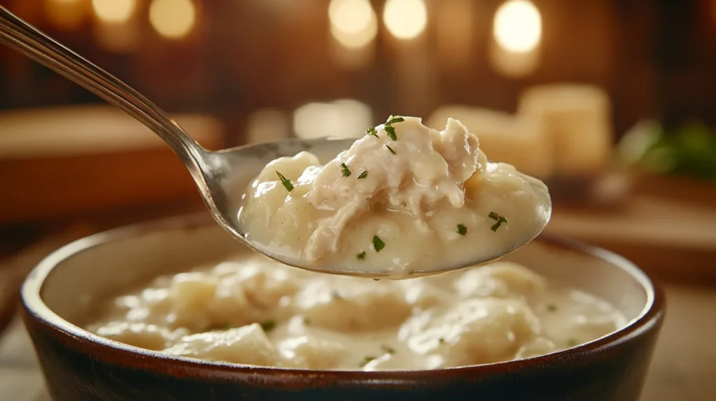 Close-up of a spoonful of Cracker Barrel chicken and dumplings with creamy broth, tender chicken, and soft dumplings.