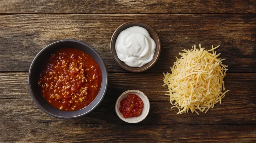 Sour cream, shredded cheddar cheese, and salsa served as toppings for chicken chili.