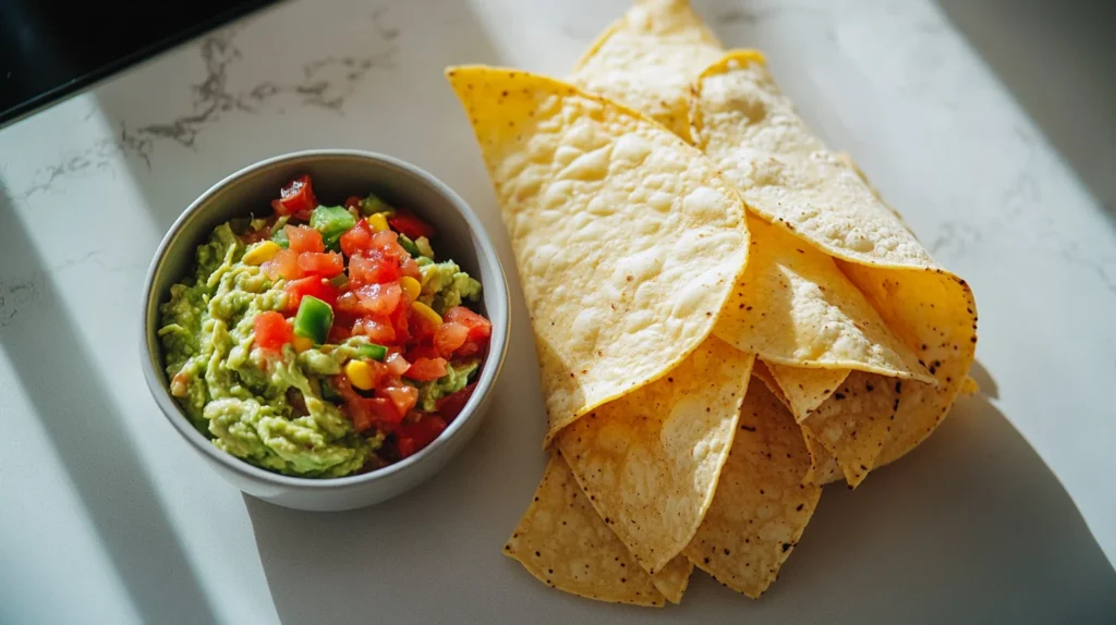 Tortilla chips with salsa and guacamole served as a side to a Mexican chicken wrap.