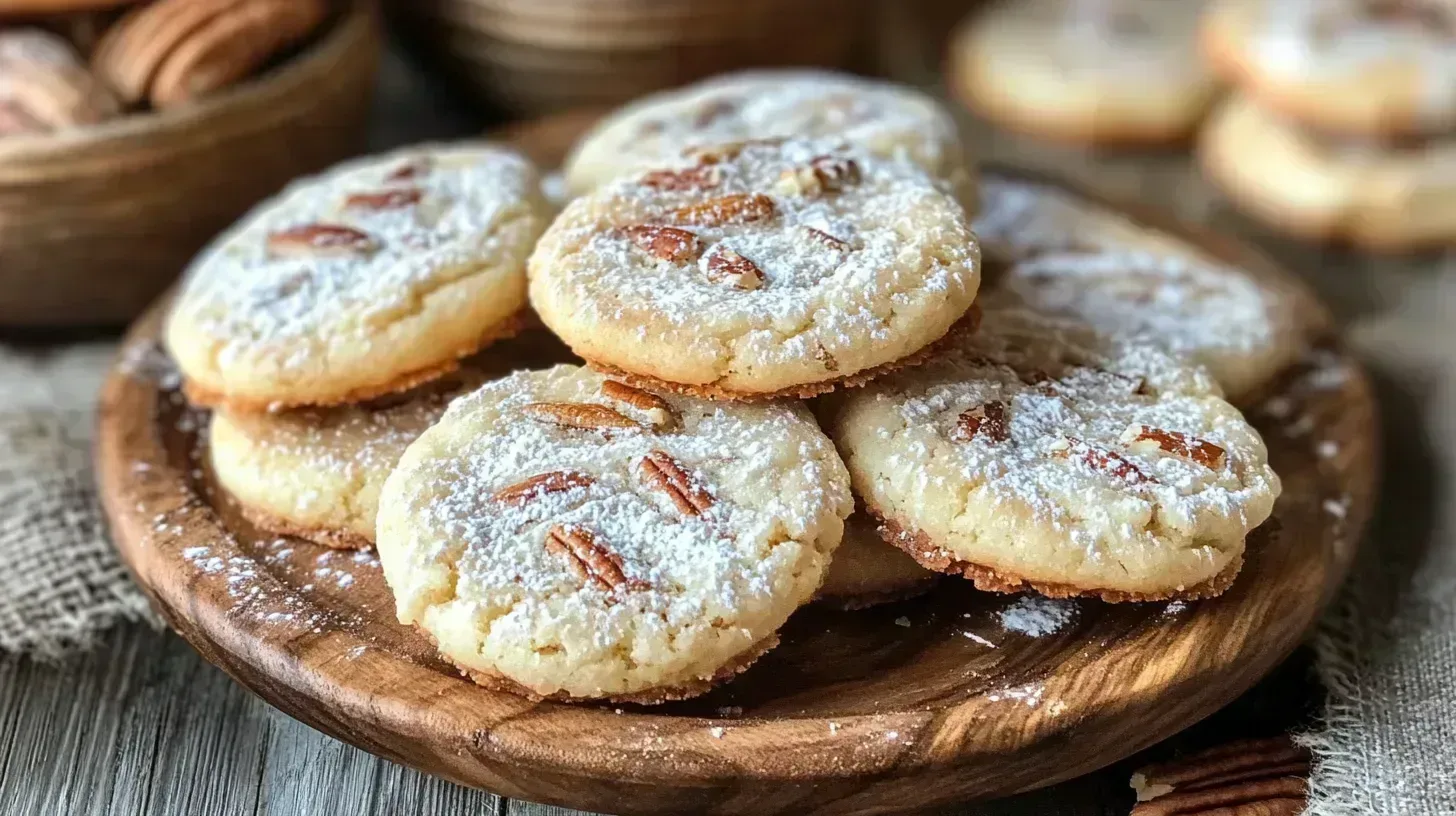 A plate of coconut pecan cookies dusted with powdered sugar.